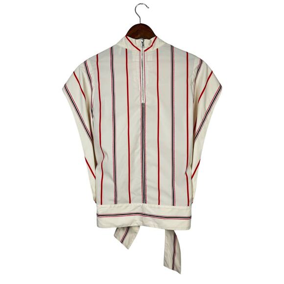 3.1 PHILLIP LIM | Ivory Red Striped Stand Collar Cap Sleeve Tie Hem Designer Top - Picture 12 of 15
